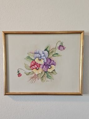 Art Collector - Framed 1991 Original Painting By DRU Delicate Pansy Arrangement